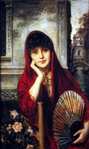 A woman with a red scarf